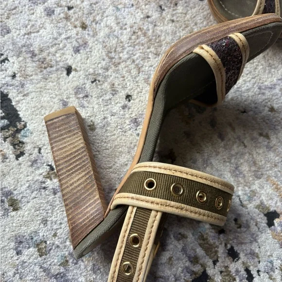 Y2K MIU MIU Double Buckle, Leather & Glitter, Olive Canvas Heels - Picture 6 of 16
